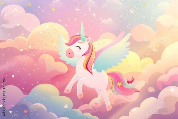 Obraz A unicorn with a white body and pink wings flying through the sky