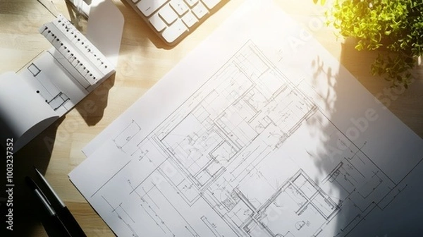 Obraz An architects desk with blueprints, sketching plans for a construction project, top view.