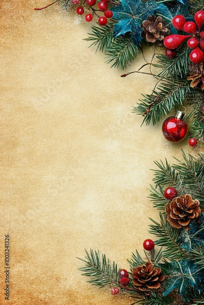 Fototapeta Vertical Christmas vintage Background. New Year's composition in retro style with place for text.