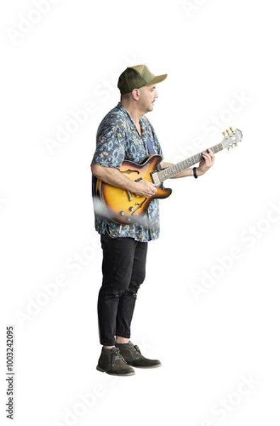 Fototapeta  Performer on stage. Portrait of a man playing a guitar. No background png.