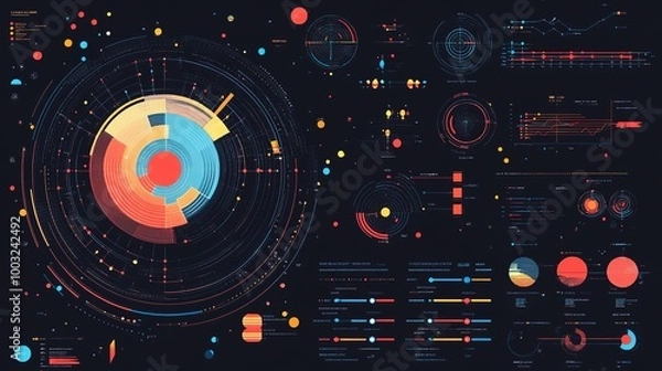 Obraz A creative data visualization infographic featuring circular diagrams and radial charts for showcasing complex relationships and data points