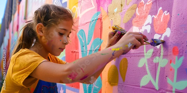Fototapeta Girl painting mural on wall, Outdoor street art activity
