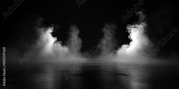 Fototapeta Swirling smoke in a dark and light symphony. Fluid fantasia. Abstract dance of fog and light on floor against black background.