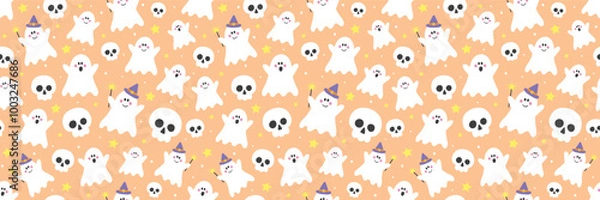 Fototapeta Cute Halloween background with hand drawn ghosts and skulls. Seamless pattern. Banner. Vector illustration