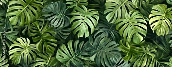 Fototapeta Background of tropical green leaves in a flat lay. Stock photo.