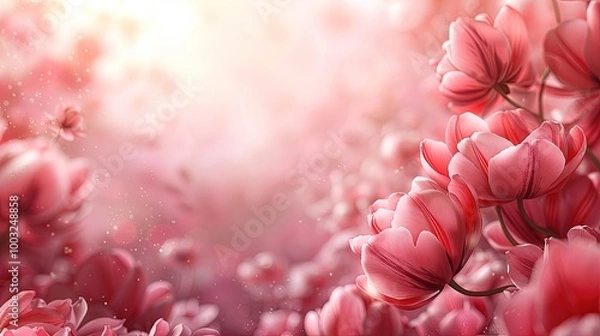 Fototapeta Tulip flowers on soft color background, romantic feminine composition, wedding invitation concept.