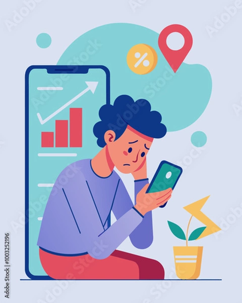 Fototapeta A person scrolling through their investment app on their phone the numbers showing a downward trend causing them to let out a frustrated sigh.. Vector illustration