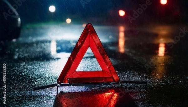 Fototapeta Red warning triangle on the road at night. Generated image