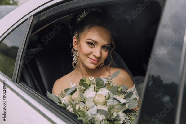Fototapeta A woman is sitting in a car with a bouquet of flowers in her lap. She is smiling and looking out the window