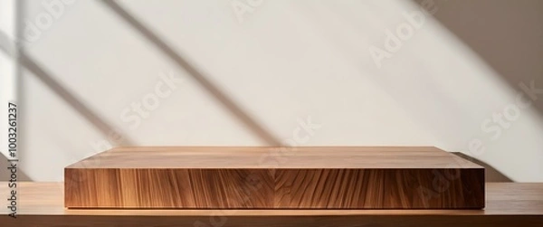 Fototapeta Empty minimal natural wooden table counter podium, beautiful wood grain in sunlight, shadow on white wall for luxury cosmetic, skincare, beauty treatment, decoration product display. AI generated 