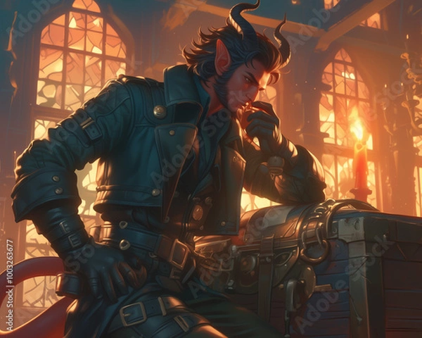 Fototapeta male tiefling pondering over a treasure chest in a candlelit room