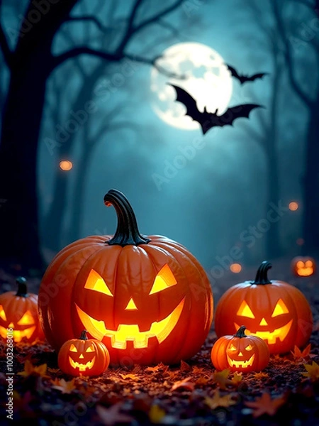 Fototapeta An autumn night with a full moon and a bat flying, illuminated halloween pumpkin