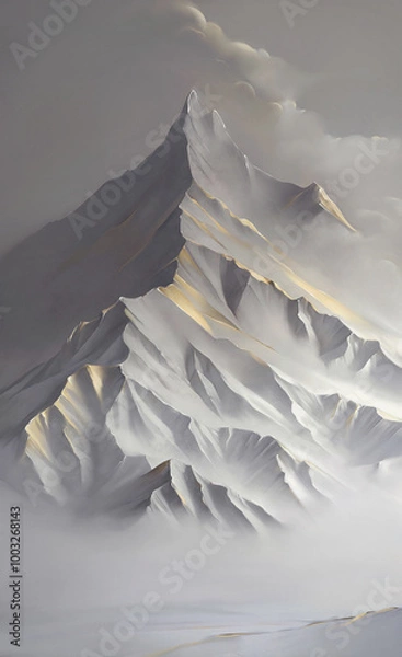 Obraz composition drawing of a mountain with golden strokes against a background of snow and sky
