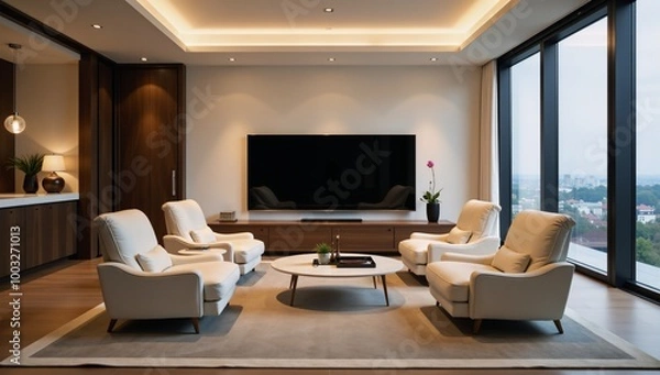 Fototapeta Stylized living room scene featuring an armchair setup around a TV screen with a scenic view through a panoramic window