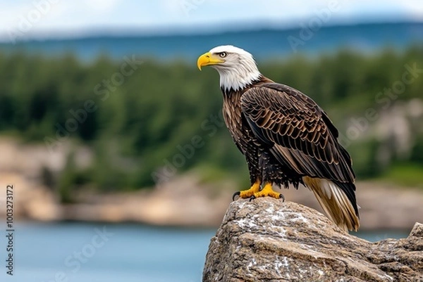 Obraz A bald eagle perched on a cliffside, overlooking a vast wilderness with forests, lakes, and mountains stretching out below