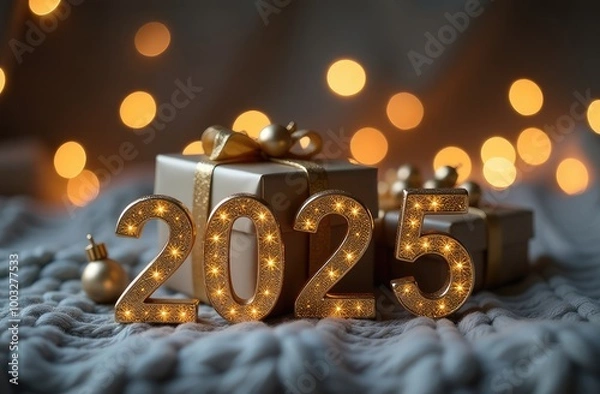 Fototapeta Golden gift box with red bow on cozy knitted background with text "2025", Christmas and New Year holidays concept