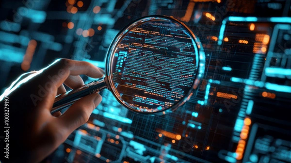 Fototapeta Hand holding magnifying glass over digital code interface, symbolizing data analysis, quality assurance, software testing and debugging