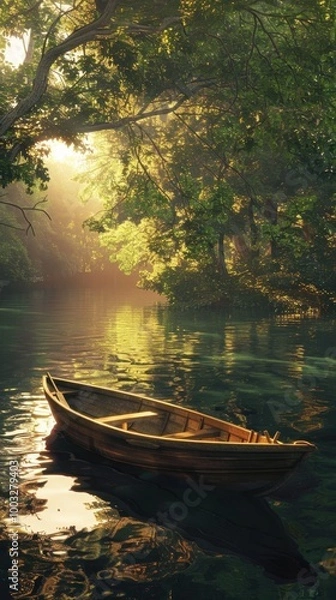 Fototapeta Tranquil Lakeside Forest with Drifting Rowboat during Golden Sunset