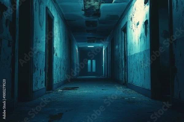 Fototapeta Abandoned insane asylum corridor, with copy space