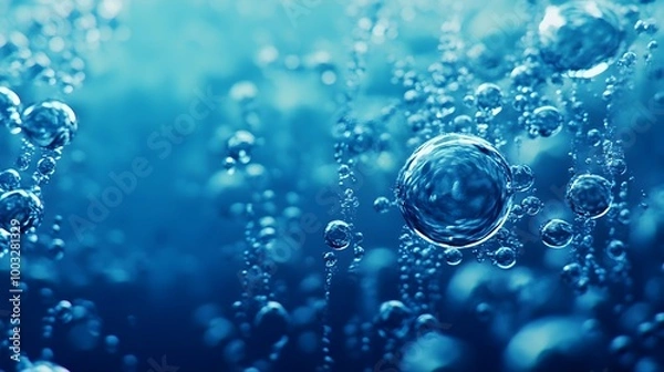 Fototapeta an underwater scene with numerous air bubbles rising through a blue liquid. The bubbles vary in size, with some being large and others smaller, creating a dynamic and lively atmosphere