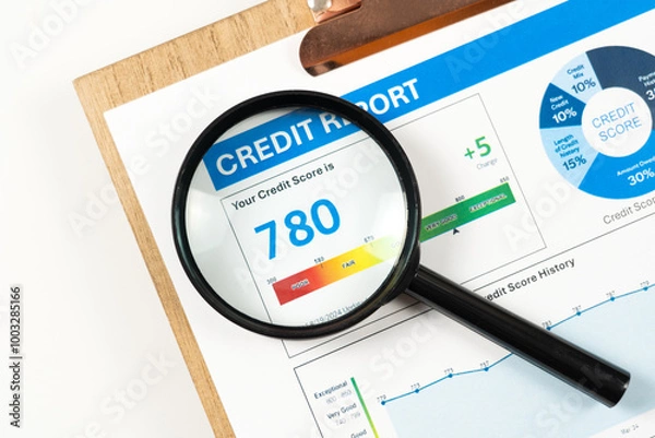 Fototapeta Credit score report on clipboard with magnifying glass