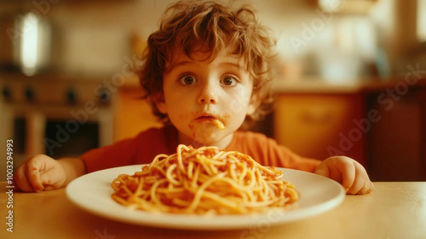 Fototapeta A curly-haired child looks surprised while sitting in front of a huge plate of tangled spaghetti, a strand poking out of their mouth.