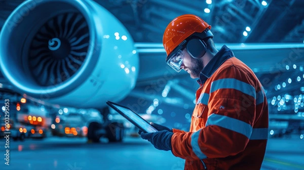 Fototapeta An airport technician in bright safety gear examines a tablet as a plane rests in the background under the glow of artificial lights in a spacious hangar.