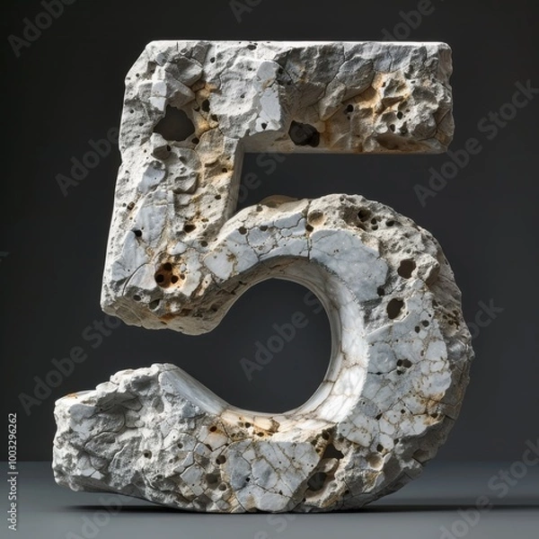 Fototapeta 3D rendering number 5 with textured concrete sculpture.