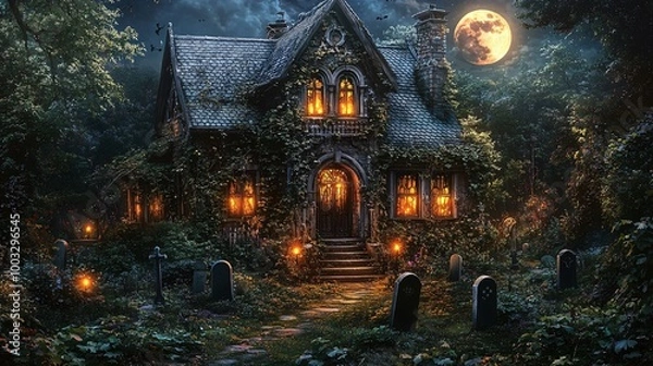 Obraz Cartoon Halloween haunted house with spooky graveyard.