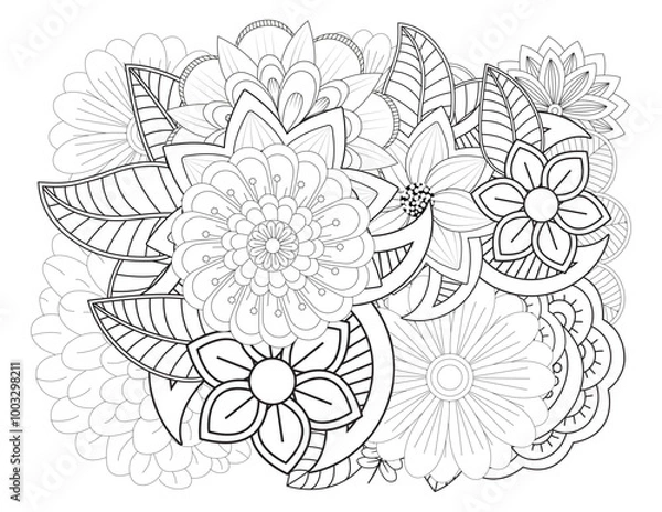 Obraz Mehndi flower for henna, mehndi, tattoo, decoration. decorative ornament in ethnic oriental style. Doodle flowers. Flower pattern. Vector doodle flowers in black and white. Page adult coloring book