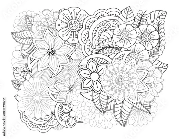 Obraz Mehndi flower for henna, mehndi, tattoo, decoration. decorative ornament in ethnic oriental style. Doodle flowers. Flower pattern. Vector doodle flowers in black and white. Page adult coloring book