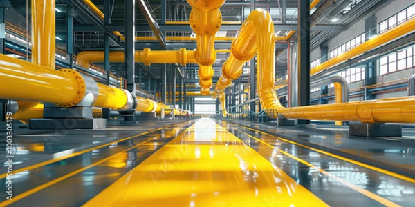 Fototapeta Industrial plant with yellow pipes in building. Hangar with large diameter pipeline. Interior of industrial plant without people. Modern factory