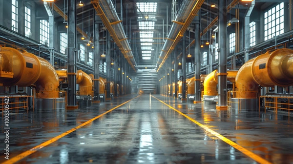 Fototapeta Industrial fuel plant interior. Factory for production of chemical fertilizers. Large industrial building with yellow pipes. Corridor between equipment inside plant