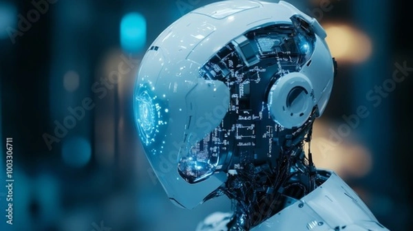 Fototapeta Futuristic AI Robot with Cybernetic Face and Circuit Details