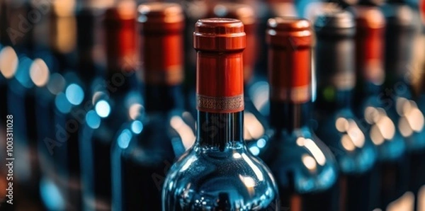 Obraz A row of wine bottles with red caps and a red label. The bottles are lined up on a shelf