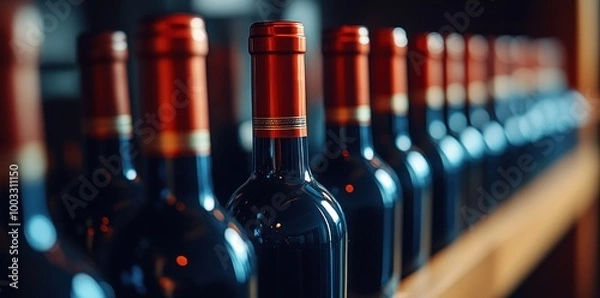Obraz A row of wine bottles with red caps and a red label. The bottles are lined up on a shelf