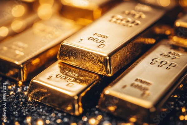 Fototapeta close up of gold bars stacked neatly, showcasing their shiny surfaces and intricate details. image captures luxurious essence of wealth and prosperity