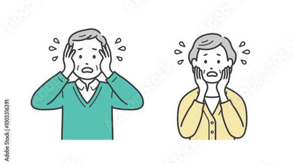 Obraz 困って焦る高齢者男女の上半身イラスト
