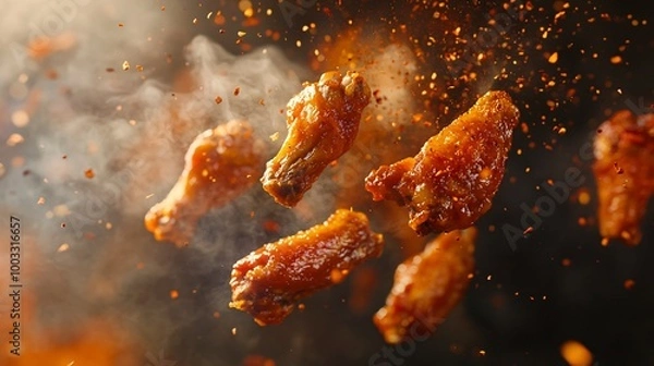 Fototapeta Close up of fried chicken wings flying in the air with hot chili spices and smoke.
