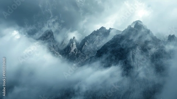 Fototapeta Mysterious Mountain Landscape with Clouds and Fog