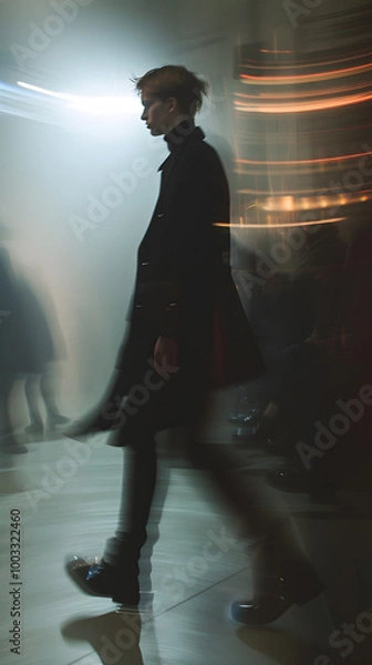 Fototapeta An artistic photograph depicting a stylish individual in motion with a blurred effect, under dramatic lighting, creating a sense of mystery and movement. It is atmospheric and trendy