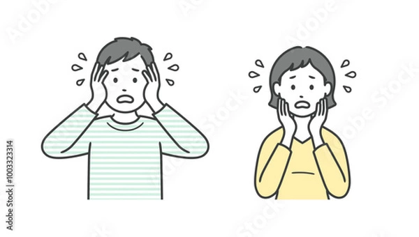 Obraz 困って焦る成人男女の上半身イラスト
