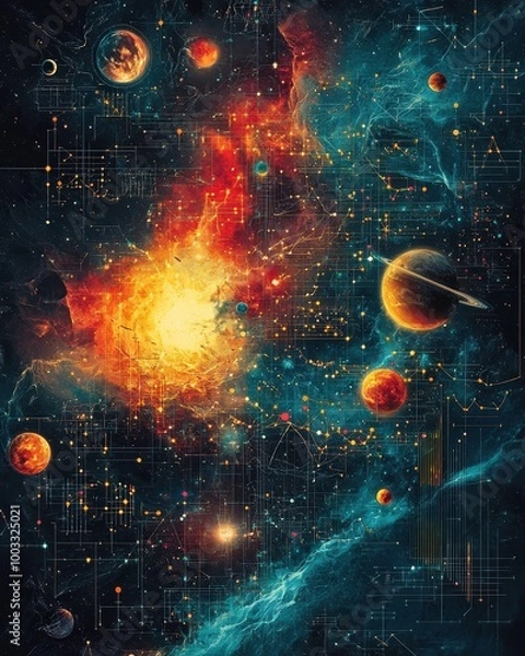 Fototapeta Craft a visually striking graphic for a social media post themed Diving Into Infinite Realities Use a blend of cosmic elements and mathematical symbols to illustrate the concept of parallel universes