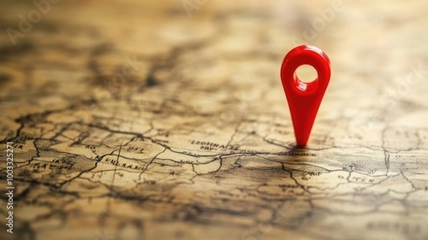 Fototapeta Red map marker pin on old