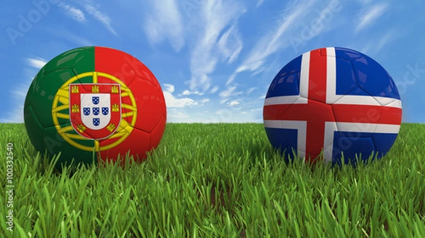 Fototapeta  3D soccer balls with Portugal and Iceland flag, Euro 2016. Placed on 3d grass. Background isolated with clipping path.