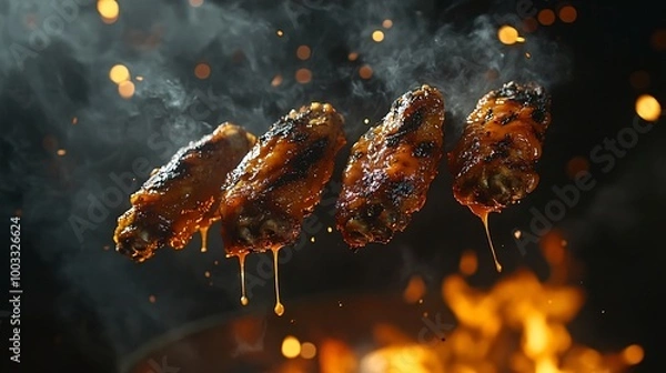 Fototapeta Closeup of four succulent, glazed, chicken wings in the air with sauce dripping down over a fire.