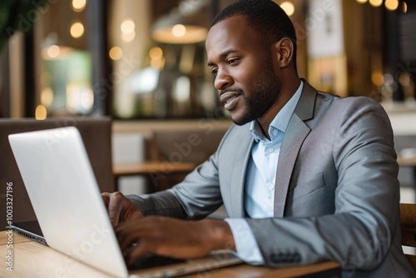 Fototapeta Handsome African American businessman uses laptop in indoor cafe. Pro executive focuses on screen. Businessman sits at wooden table, sips coffee. Wireless internet connection available. Corporate