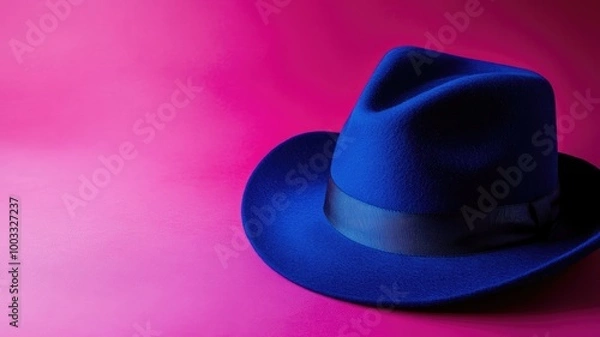 Obraz Blue fedora hat with black band on pink backdrop