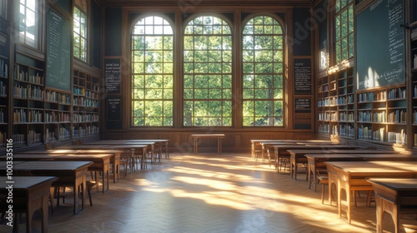 Fototapeta Empty library with desks and chairs ready for students.