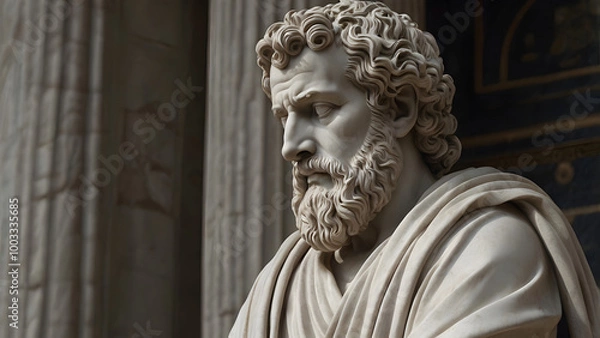 Obraz Marble Statue of a Stoic Philosopher in Classical Roman or Greek Robes, Expressing Wisdom and Contemplation. A Realistic Sculpture Featuring Detailed Facial Features, Symbolizing Ancient Philosophy .